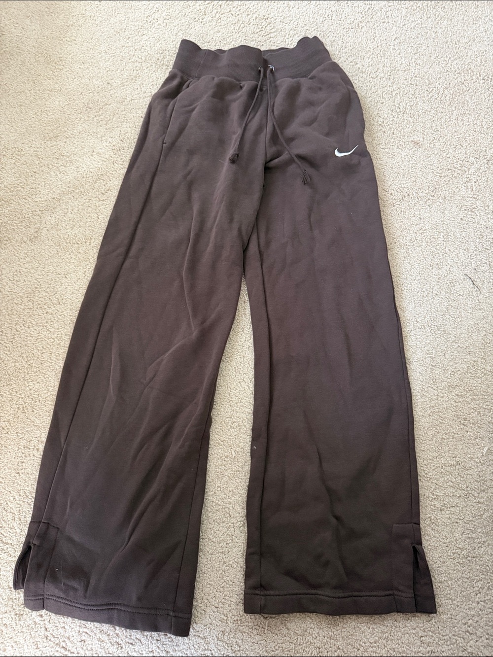 Nike Brown Wide-Leg Sweatpants with White Swoosh
